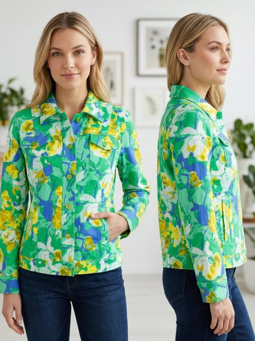 Isaac Mizrahi Women's Jacket Green Floral Button Down Long Sleeve - Size Small